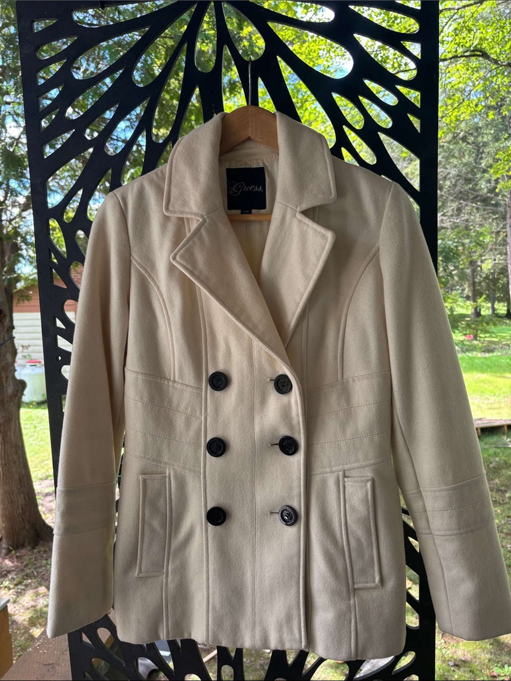 Guess Cream Double-Breasted Peacoat with Black Buttons